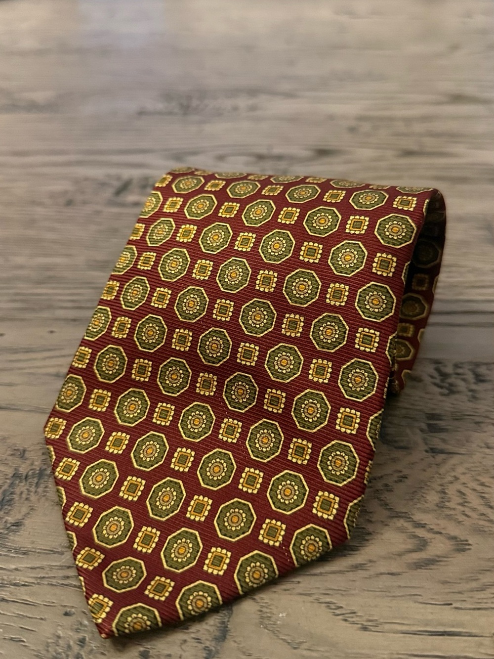 Brooks Brothers Burgundy Silk Tie with Gold and Green Medallions